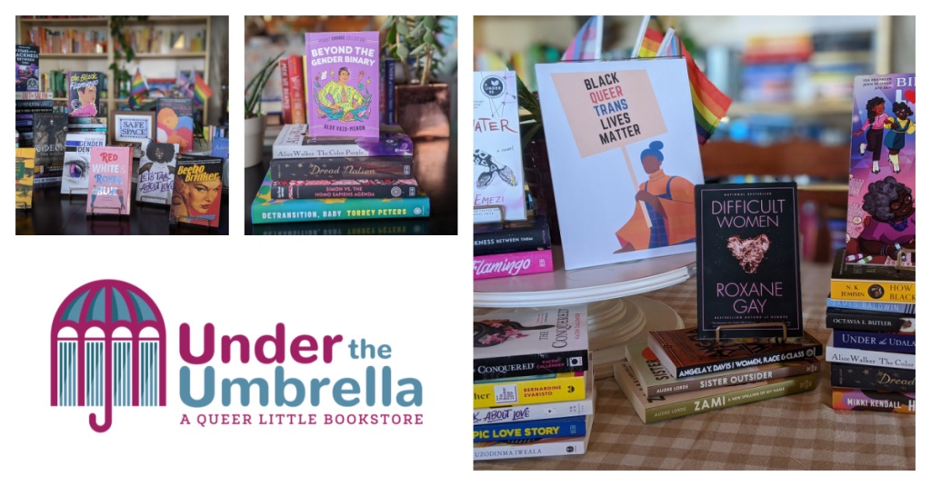 A collage of different book displays with the Under the Umbrella logo.